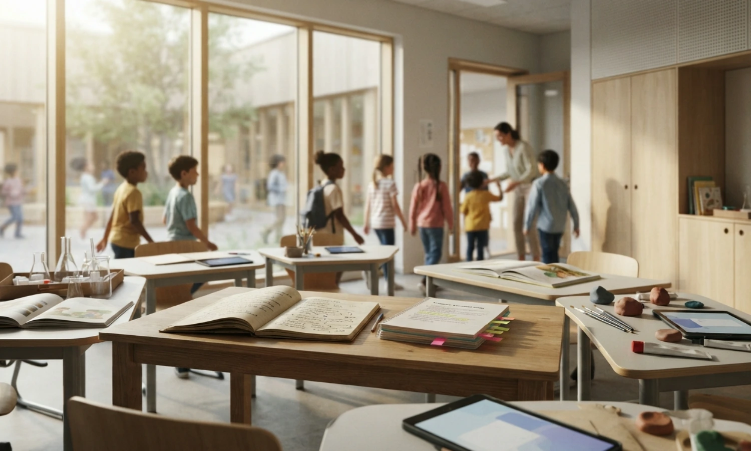 Modern school classroom prepared for collaborative, inclusive and competency-based learning.