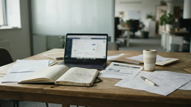 Corporate training workspace with learning materials, evaluation notes and digital tools.