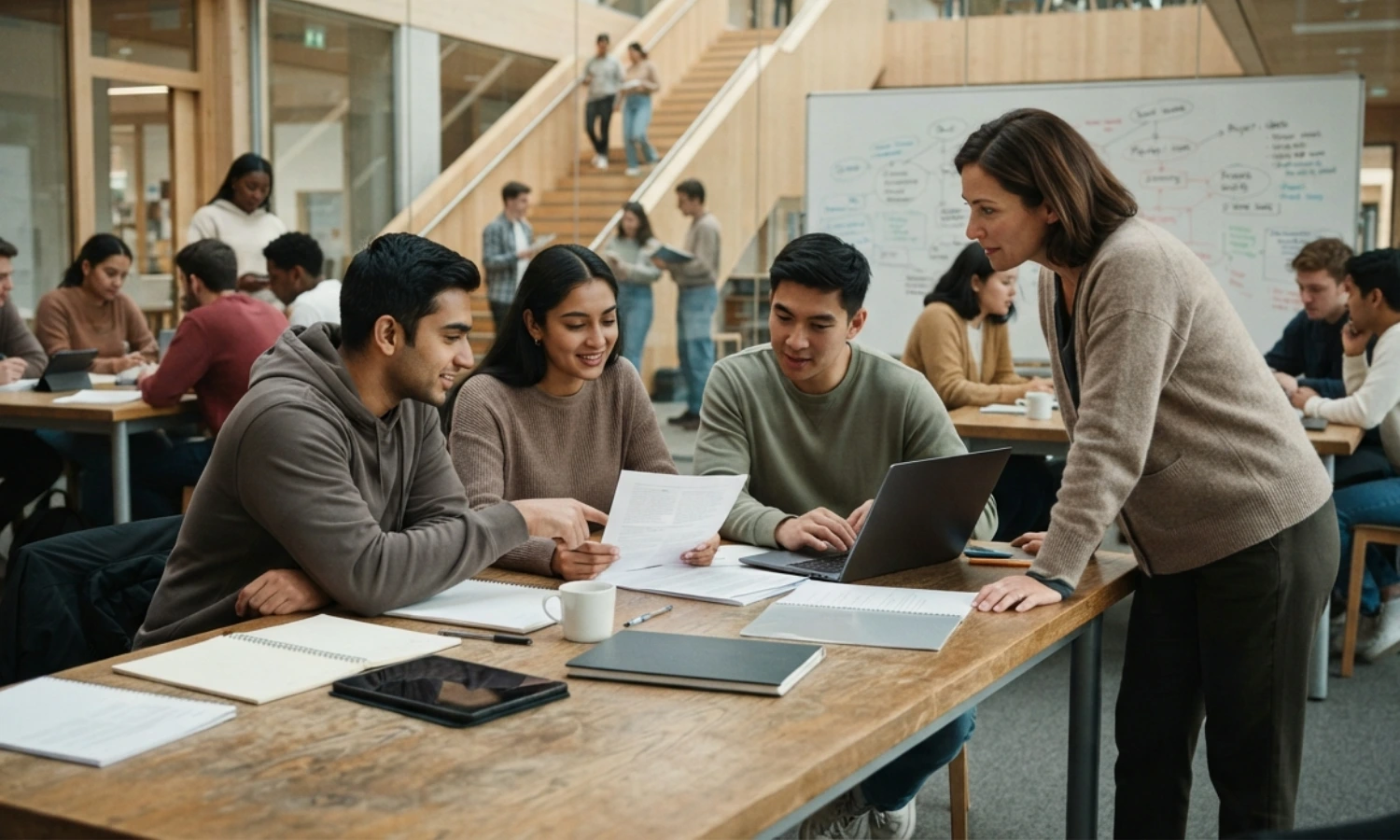 University lecturer facilitating collaborative learning in a modern higher education classroom using active teaching methods.